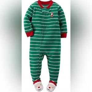 Green and Red Striped Kids One Piece fleeced footed pajama